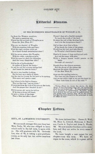 Chapter Letters: Beta, St. Lawrence University, December 1885 (image)